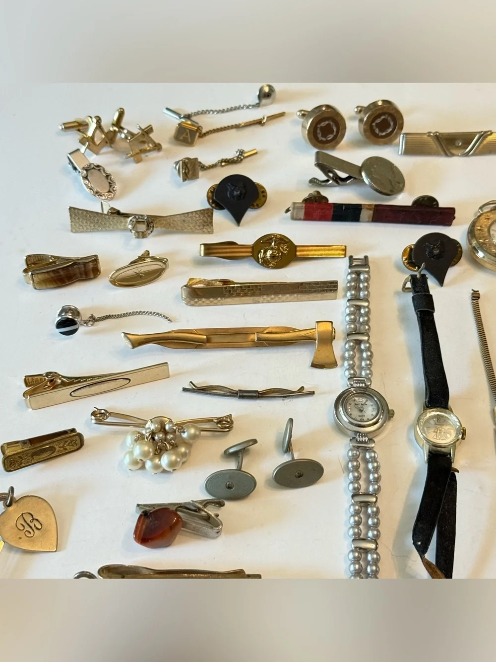 Huge Lot Of Men’s Tie Clips Cuff links Watches Junk Drawer Pins Medals